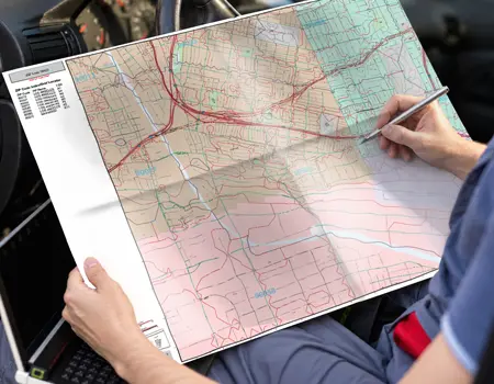 A driver in the front seat of a vehicle marking a street-level carrier route map unfolded across their lap.