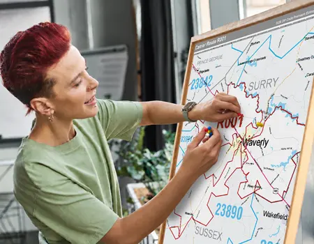 A woman pushing a pin into a framed map of carrier route R001 around Waverly, with ZIP codes 23842 and 23890 and Surry and Sussex counties labeled.
