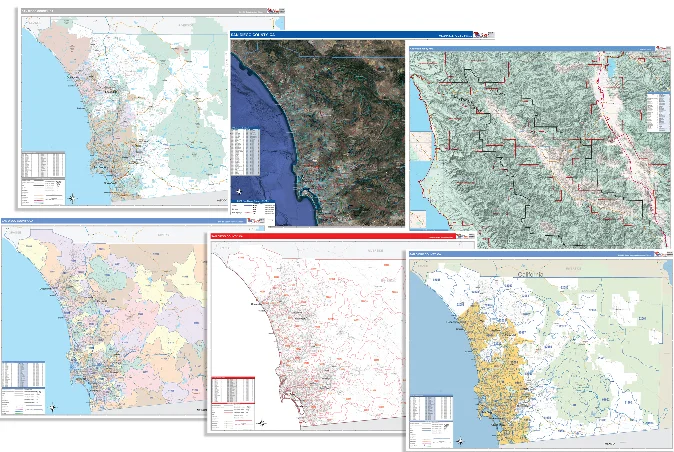 Six San Diego County wall maps fanned out, each printed in a different base map style, from full color through satellite imagery and terrain to a red outline.