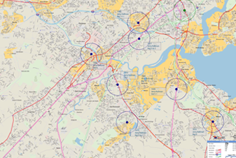A regional map with customer sites marked and labeled, each ringed by a radius circle, and a small data chart in the corner.