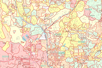 A carrier route map, hundreds of small postal delivery routes filled in pastel yellow, pink and blue across one ZIP code, each outlined in red.