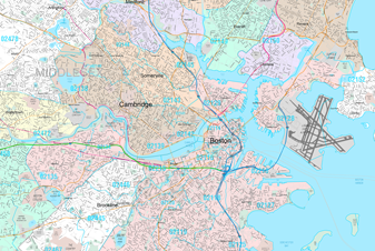 A Boston ZIP code map, the neighborhoods around the harbor tinted ZIP by ZIP, with Cambridge, Somerville and Brookline named and the airport runways drawn across the water.