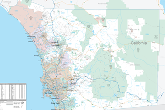 A San Diego County ZIP code map, the coastal ZIP areas tinted and named against the green inland county, with a printed index table in the corner.