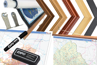Finishing samples: wood frame corners in several stains, hanging rails, a rolled map, and a laminated map with a dry-erase marker and eraser.