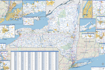 A New York state ZIP code map, ZIP boundaries drawn across the whole state between Lake Ontario and Long Island, with city inset panels along the top edge and a striped index panel in the corner.