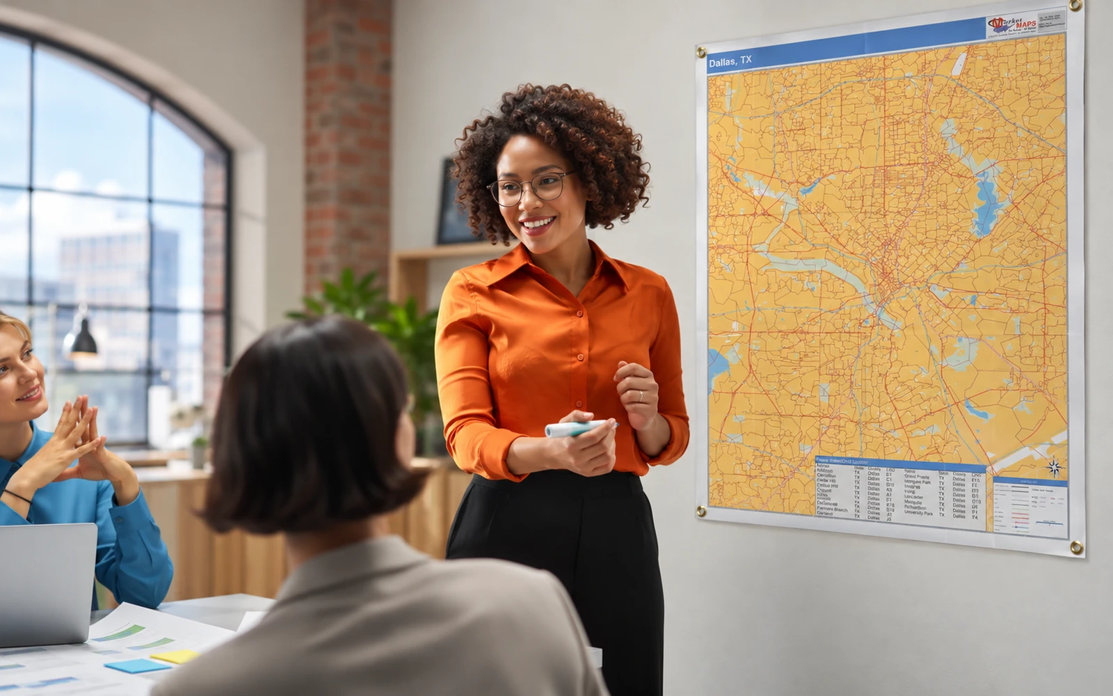 A woman presenting to colleagues beside a grommeted wall map
