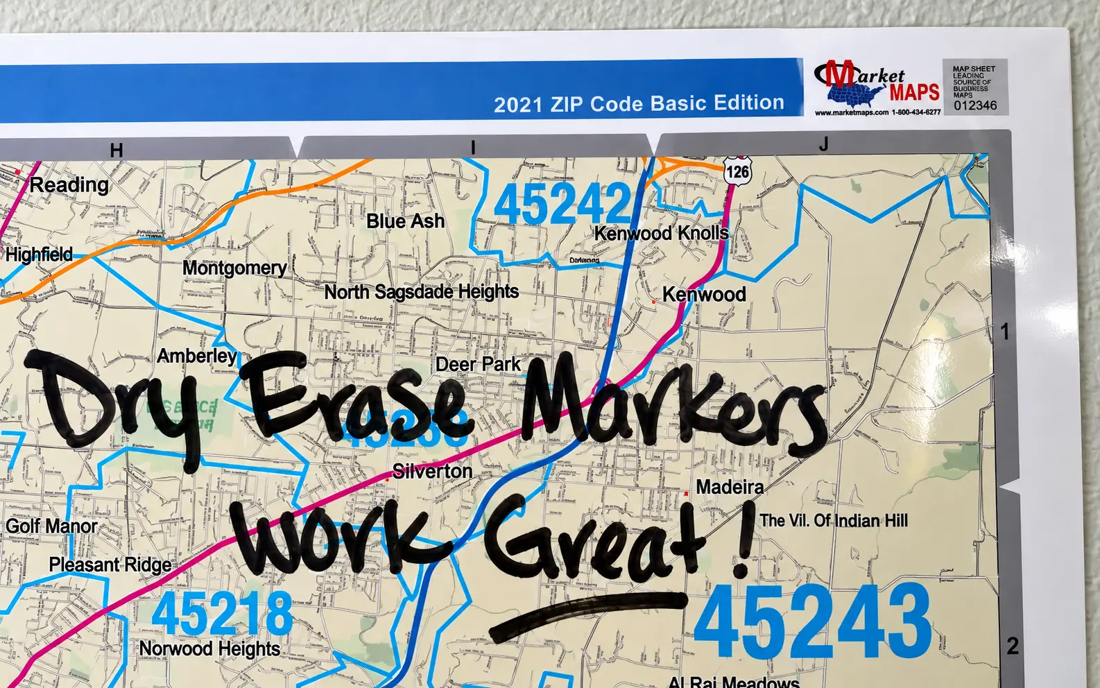 Dry-erase notes on a laminated map