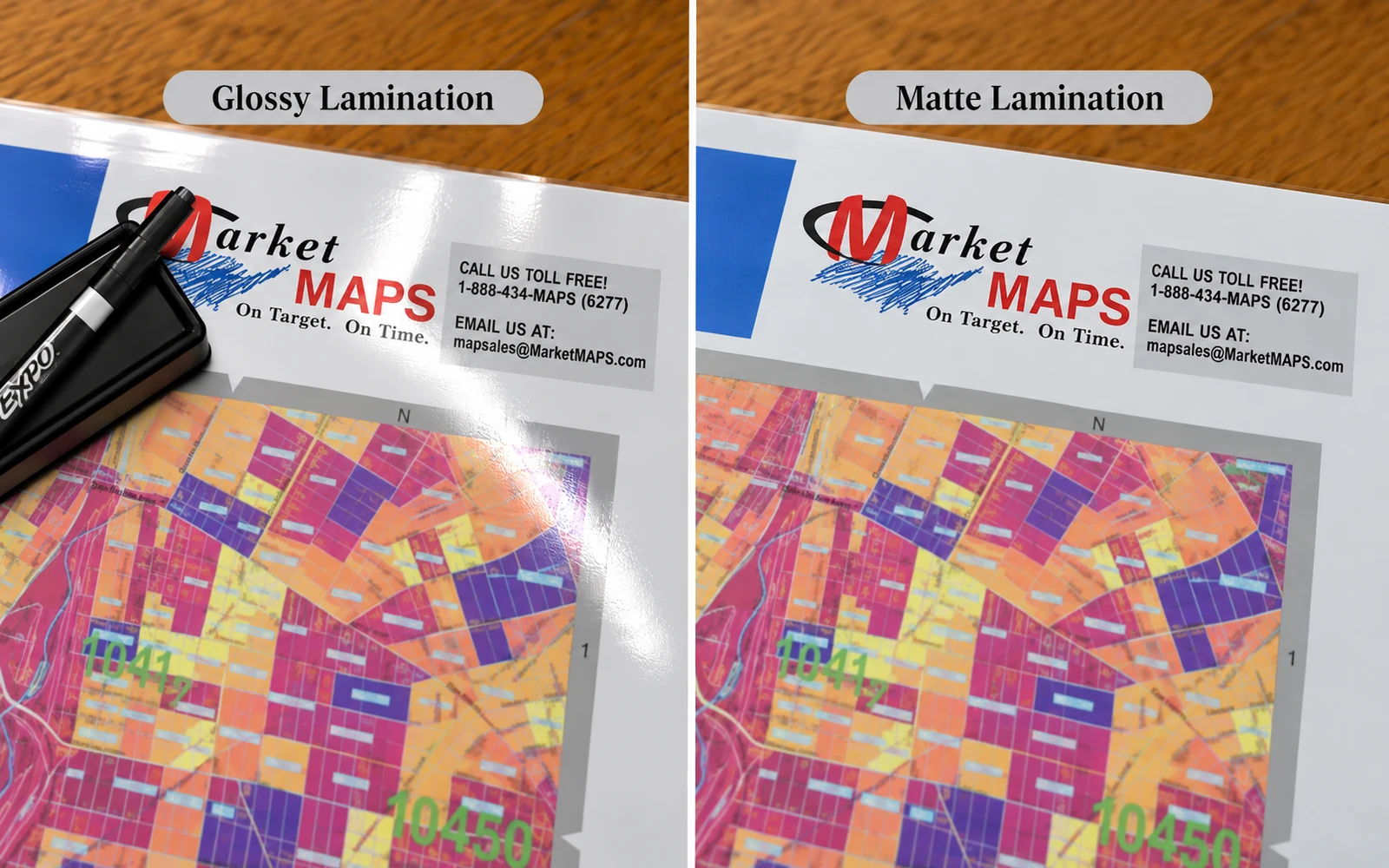 Two maps side by side labelled Glossy Lamination and Matte Lamination, the glossy one reflecting the light