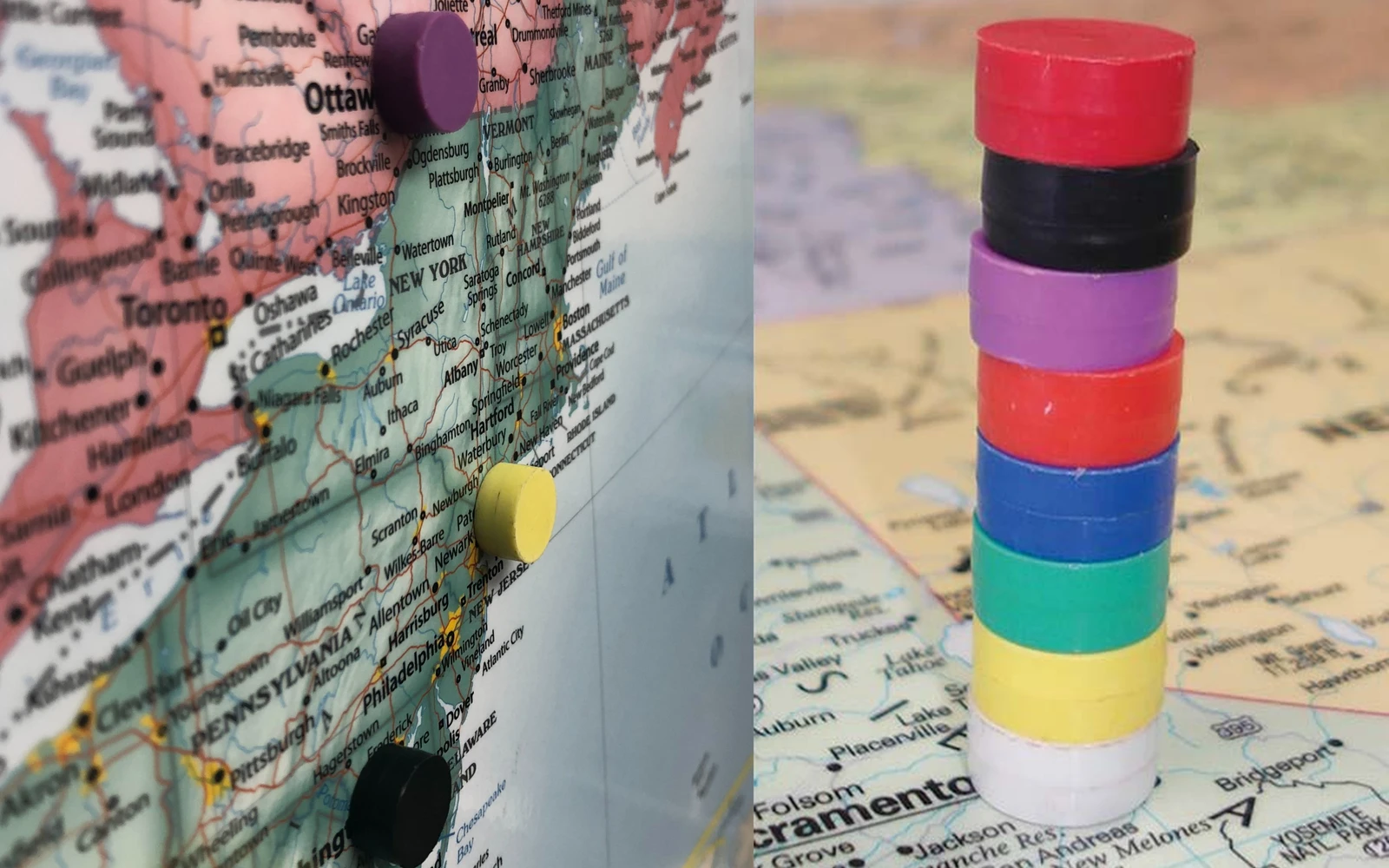 Magnets on a wall map beside a stack of spare coloured magnets