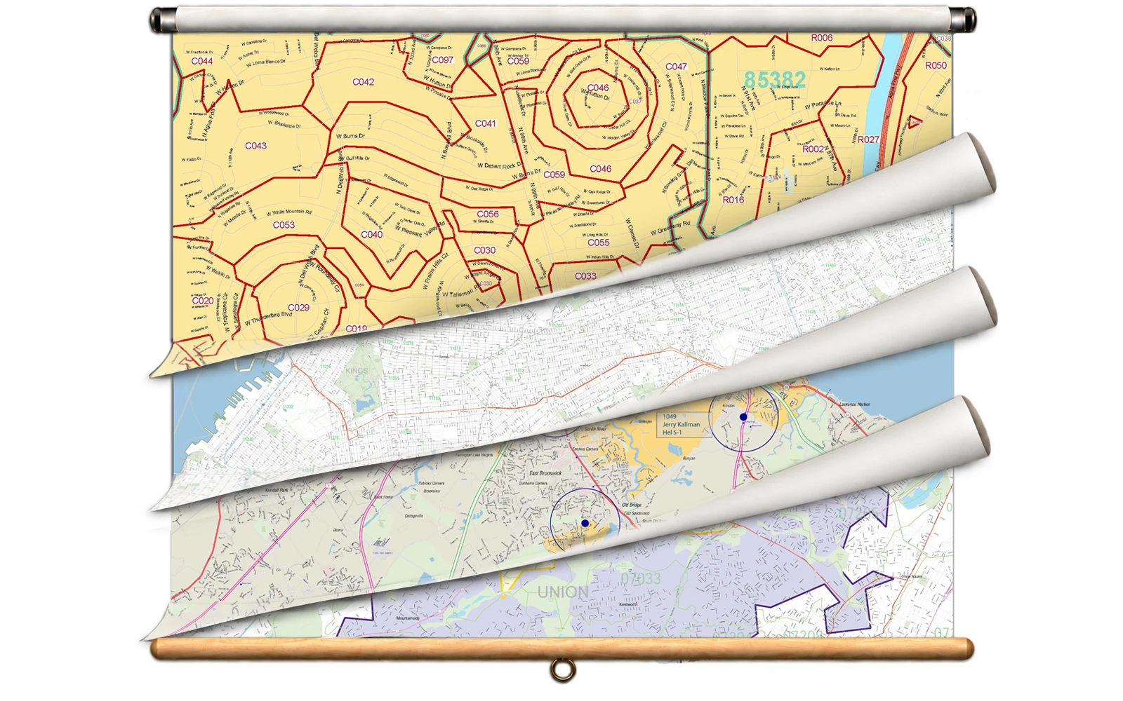 Four maps stacked on one spring roller, pulled partway down