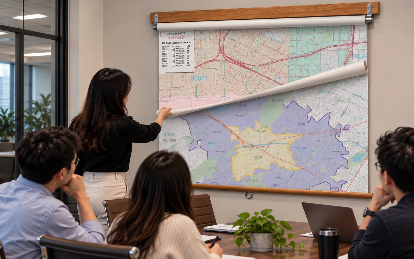 A presenter pulling down one map from a stacked roller in a meeting room
