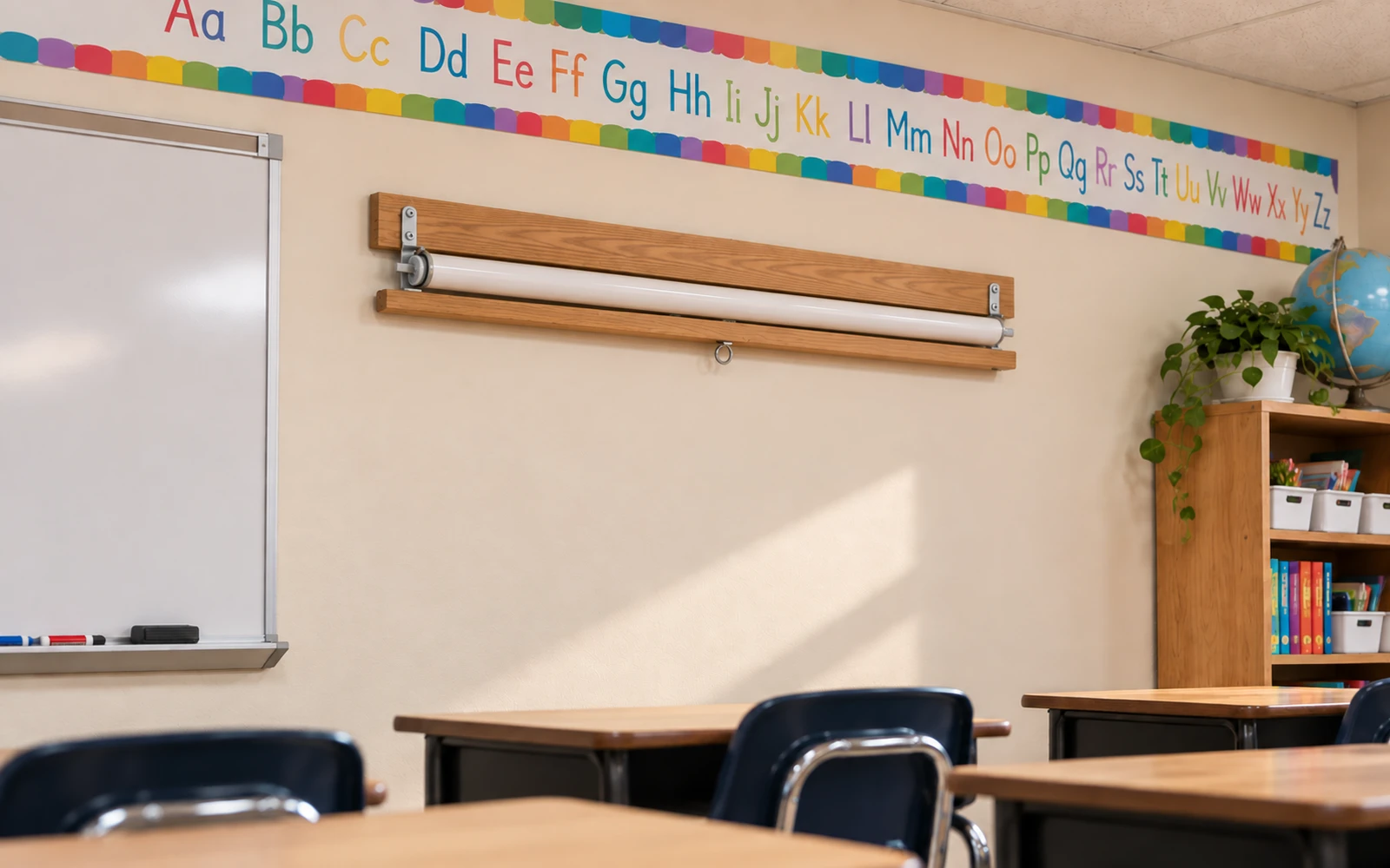 A spring roller map rolled up on a wooden backboard in a classroom