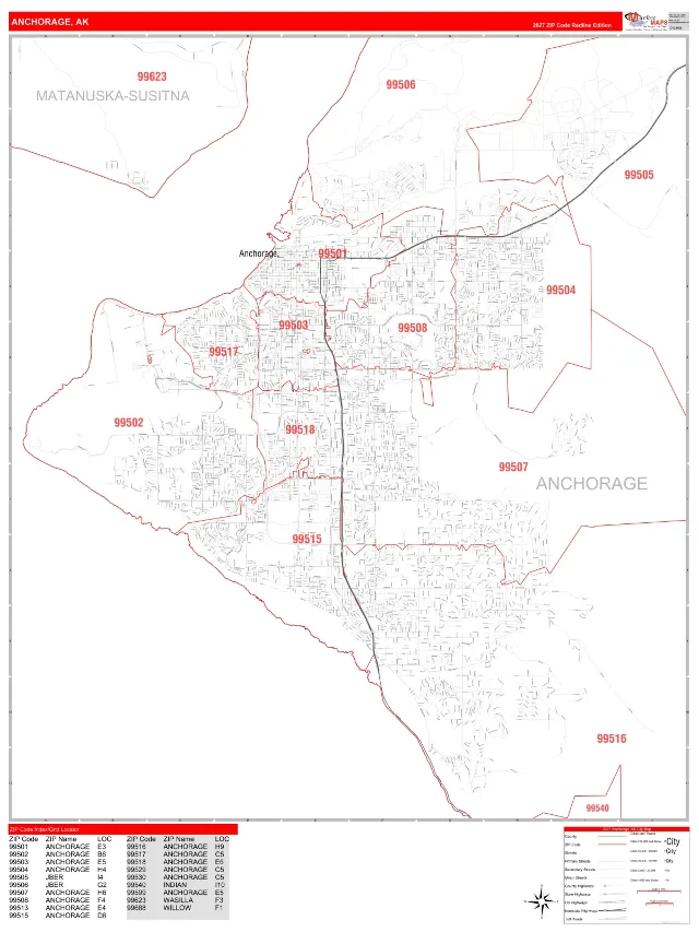 Anchorage, AK ZIP Code Wall Map, RedLine style