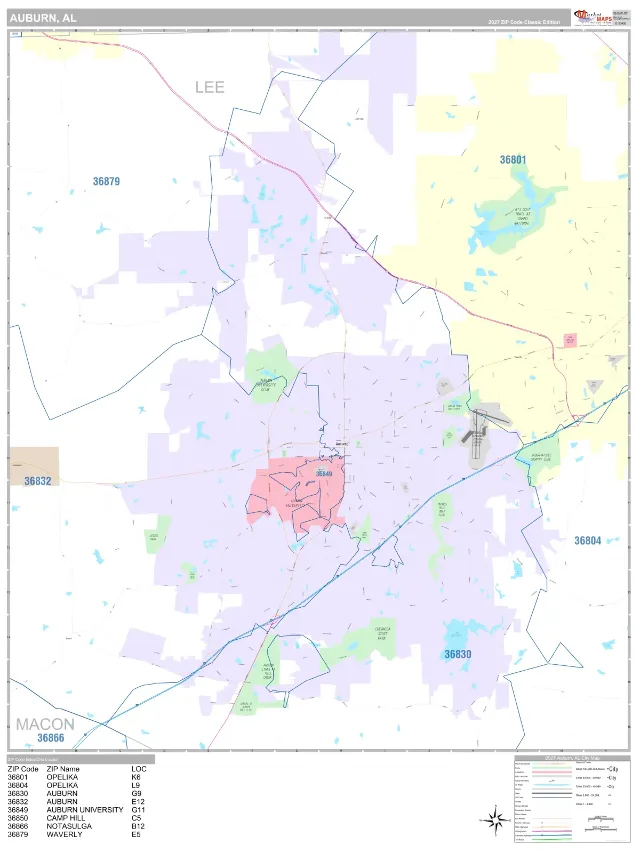 Auburn, AL ZIP Code Wall Map, Classic style