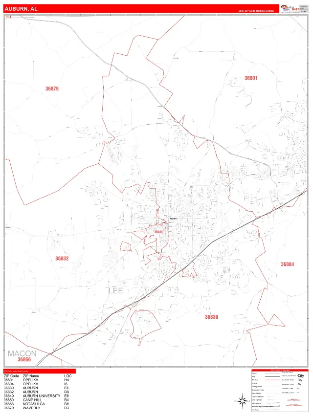 Auburn, AL ZIP Code Wall Map, RedLine style