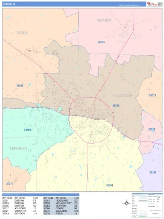 Dothan, AL ColorCast style ZIP Code wall map