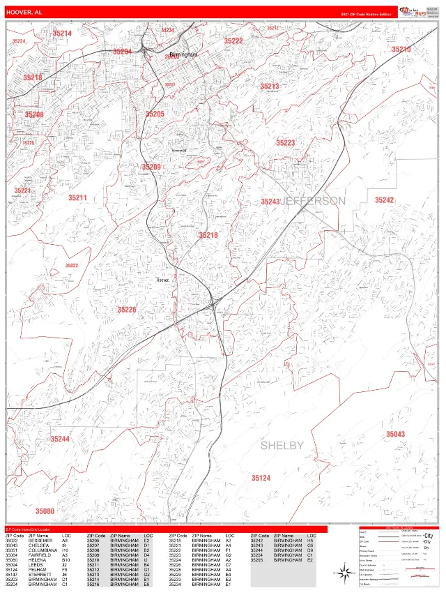 Hoover, AL ZIP Code Wall Map, RedLine style