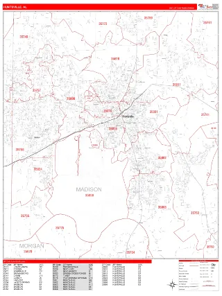 Huntsville, AL RedLine style ZIP Code wall map