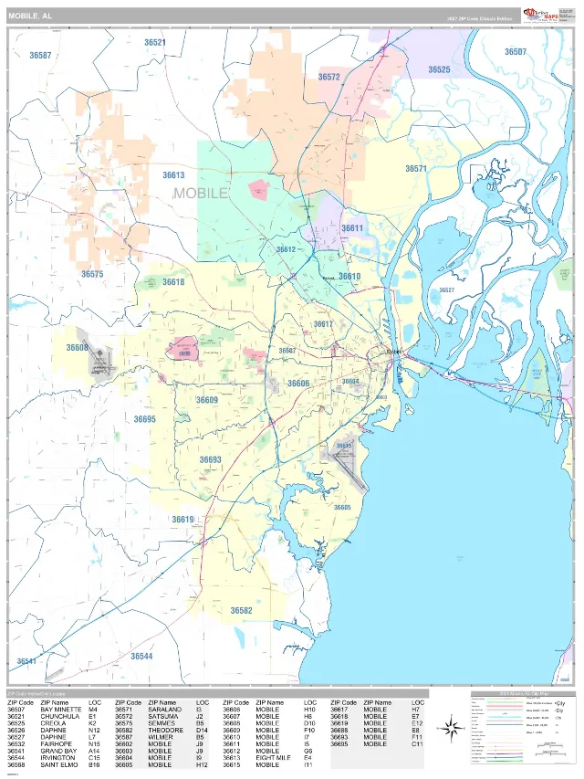Mobile, AL ZIP Code Wall Map, Classic style