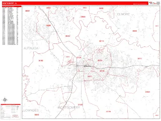 Montgomery, AL RedLine style ZIP Code wall map