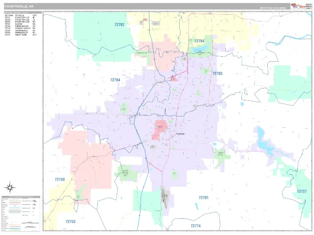 Fayetteville, AR ZIP Code Wall Map, Classic style