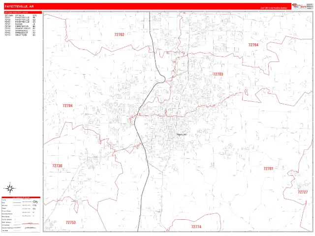Fayetteville, AR ZIP Code Wall Map, RedLine style