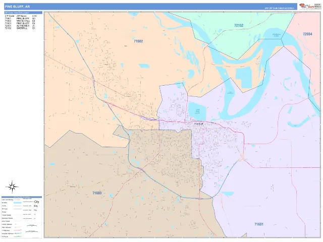 Pine Bluff, AR ZIP Code Wall Map, ColorCast style