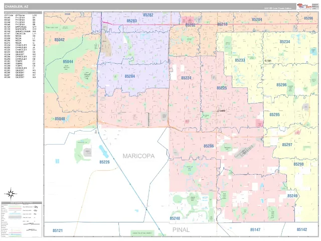 Chandler, AZ ZIP Code Wall Map, Classic style