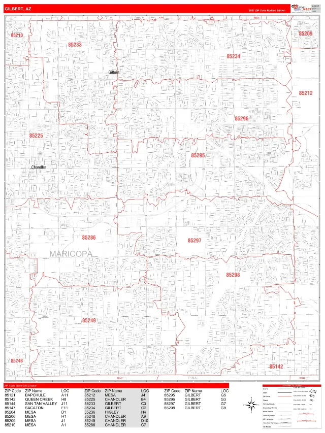 Gilbert, AZ ZIP Code Wall Map, RedLine style