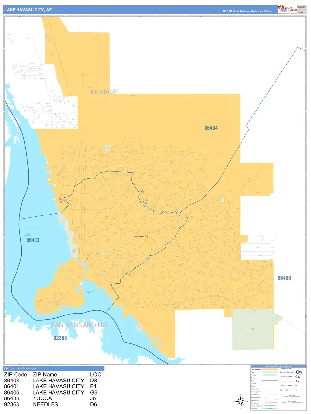 Lake Havasu City, AZ ZIP Code Wall Map, Business Reference style