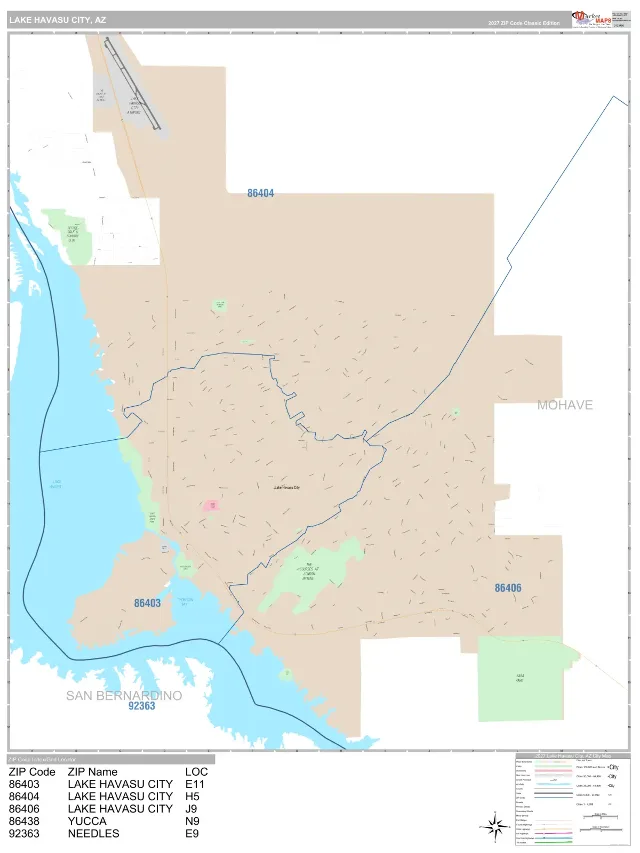 Lake Havasu City, AZ ZIP Code Wall Map, Classic style
