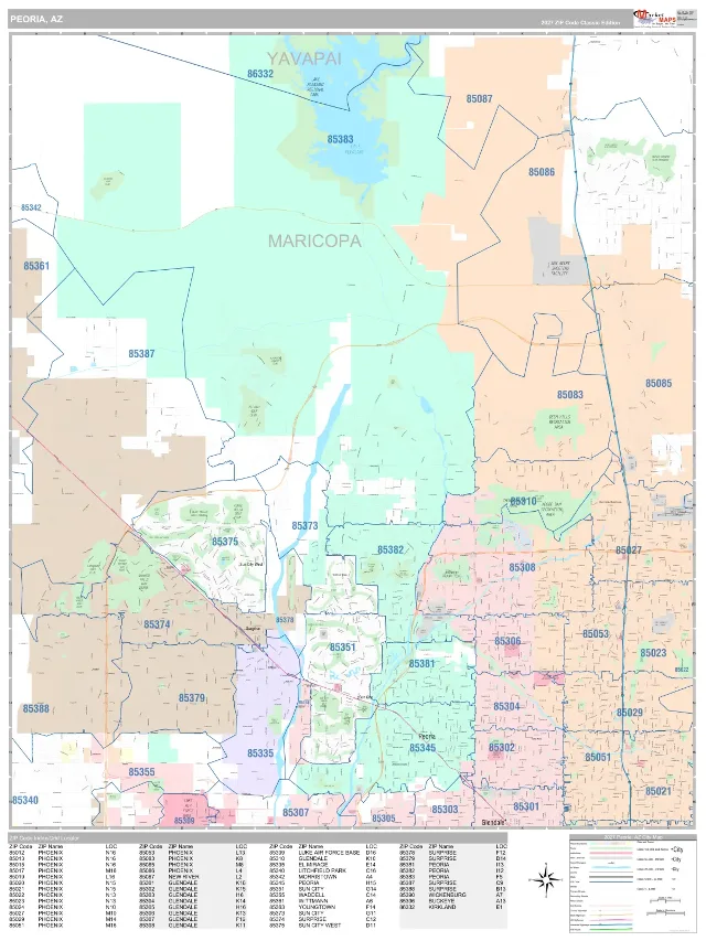 Peoria, AZ ZIP Code Wall Map, Classic style