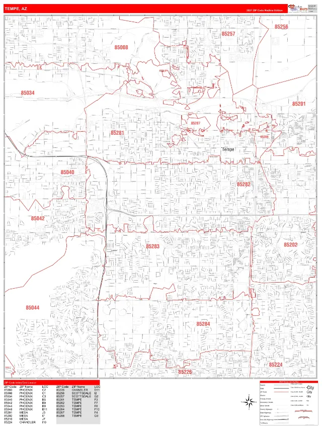 Tempe, AZ ZIP Code Wall Map, RedLine style
