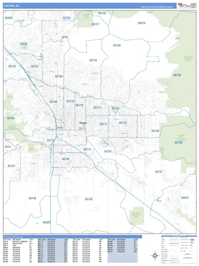 Tucson, AZ ZIP Code Wall Map, Business Reference style