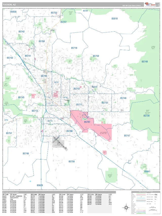 Tucson, AZ ZIP Code Wall Map, Classic style