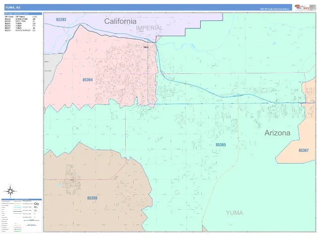 Yuma, AZ ZIP Code Wall Map, ColorCast style