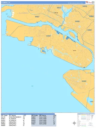 Alameda, CA Business Reference style ZIP Code wall map