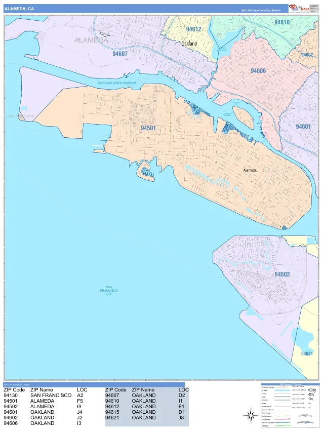 Alameda, CA ZIP Code Wall Map, ColorCast style
