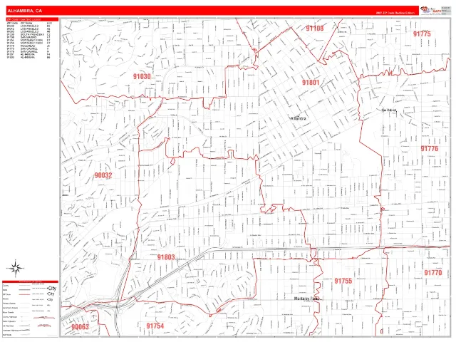 Alhambra, CA ZIP Code Wall Map, RedLine style