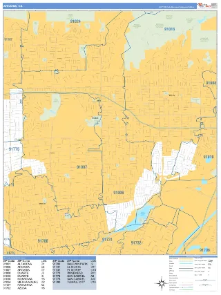 Arcadia, CA Business Reference style ZIP Code wall map