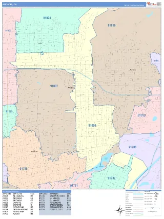 Arcadia, CA ColorCast style ZIP Code wall map