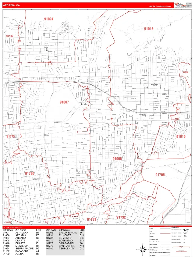 Arcadia, CA ZIP Code Wall Map, RedLine style