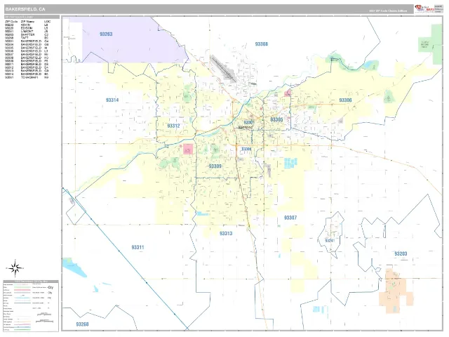 Bakersfield, CA ZIP Code Wall Map, Classic style