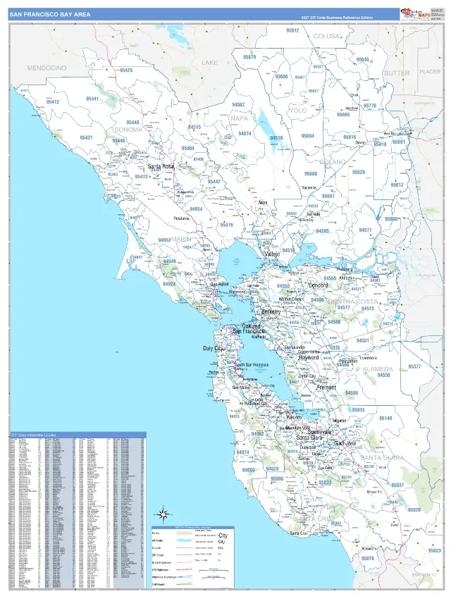 Bay Area, CA ZIP Code Wall Map, Business Reference style
