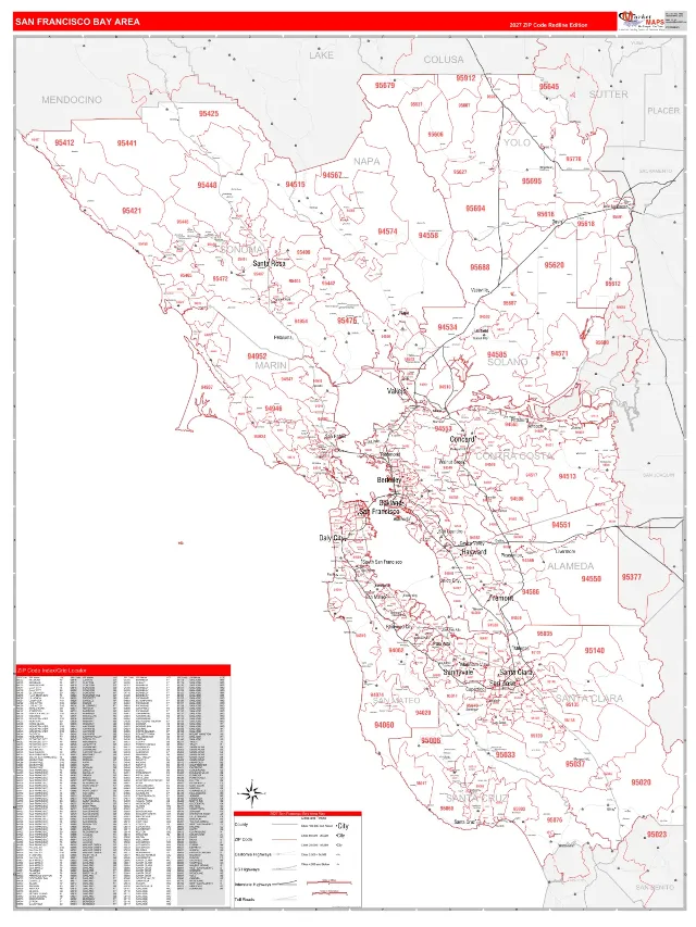 Bay Area, CA ZIP Code Wall Map, RedLine style