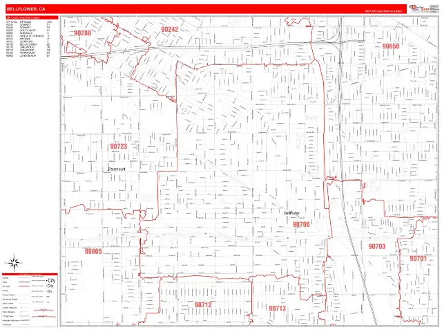 Bellflower, CA ZIP Code Wall Map, RedLine style