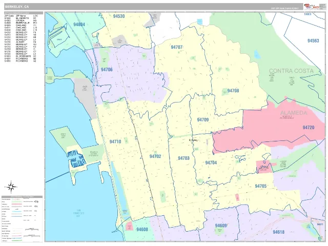 Berkeley, CA ZIP Code Wall Map, Classic style