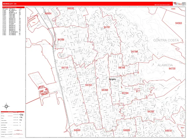 Berkeley, CA ZIP Code Wall Map, RedLine style