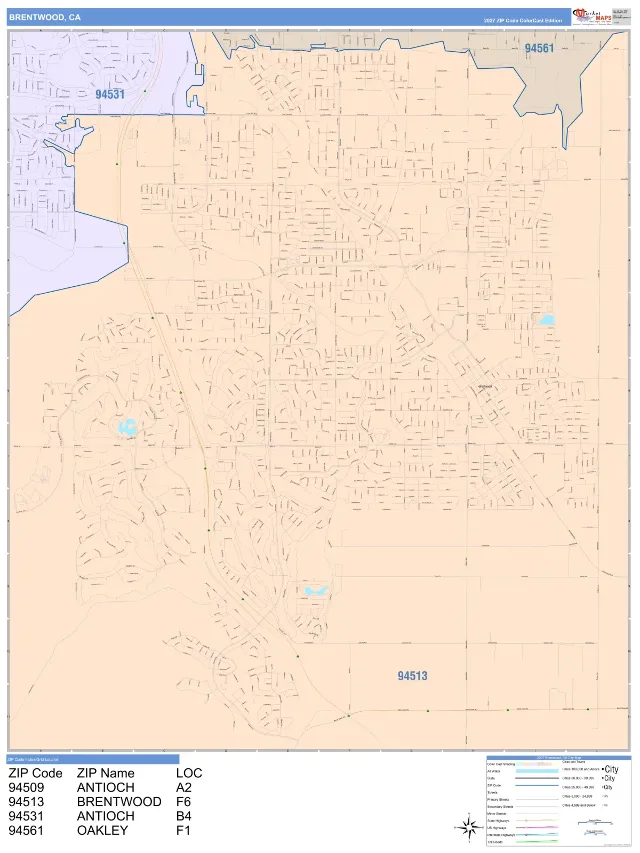 Brentwood, CA ZIP Code Wall Map, ColorCast style