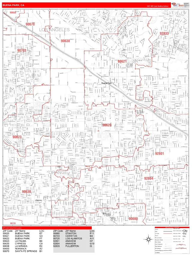 Buena Park, CA ZIP Code Wall Map, RedLine style